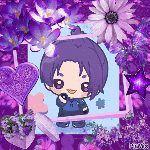 a picture with purple flowers and a picture of a girl with the letter m on her shirt