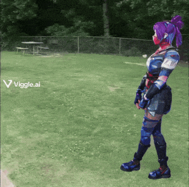 a woman with purple hair is standing in a field with a viggle.ai logo