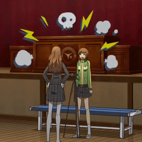 two girls are standing in front of a podium with speech bubbles and lightning bolts