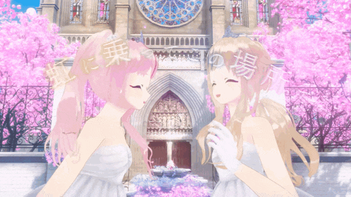 a couple of anime girls standing next to each other in front of a church