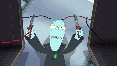 a cartoon character is holding a pair of pliers and a red wire