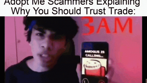 a man is holding a cell phone in front of a sign that says why you should trust trade