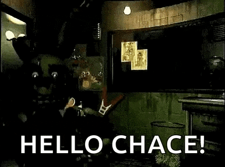 springtrap from five nights at freddy 's is standing in a dark room with the words `` hello chace ! ''