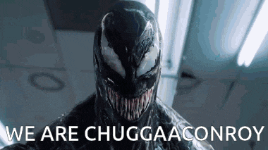 a close up of venom 's face with the words `` we are chuggaaconroy '' written below it .