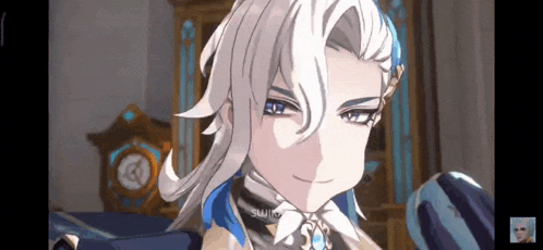 a man with white hair and blue eyes is smiling in a video game .