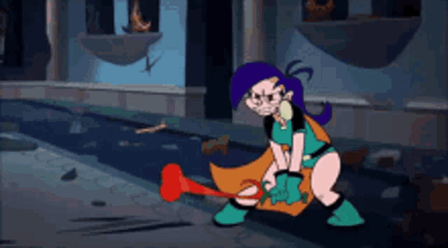 a cartoon character with purple hair and green gloves is holding a red object