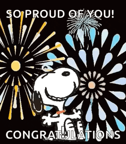 snoopy is standing in front of a fireworks display and says `` so proud of you ! ''