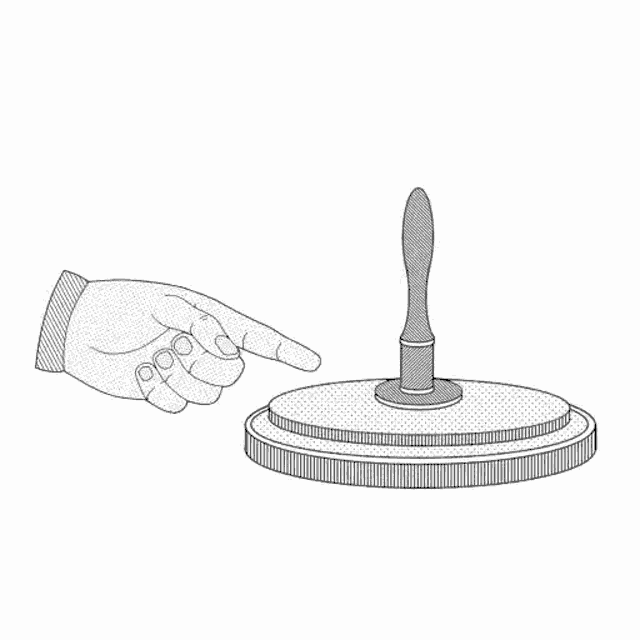 a black and white drawing of a hand pointing at a circular object with a handle .