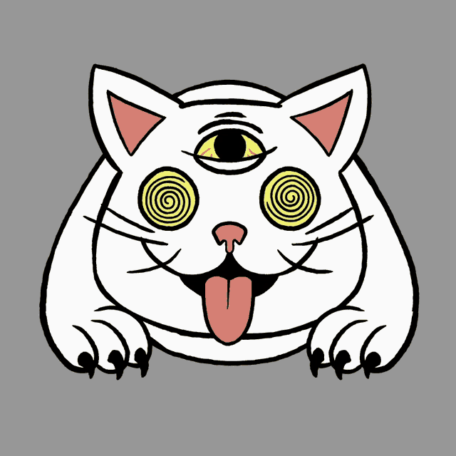 a cartoon drawing of a white cat with three eyes