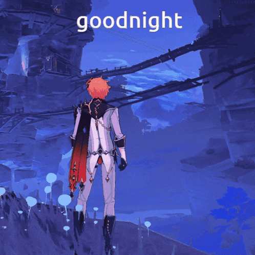 a video game character is standing in front of a blue background with the words goodnight written in white