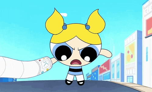 bubbles from the powerpuff girls is being held by someone with a sad face on their arm