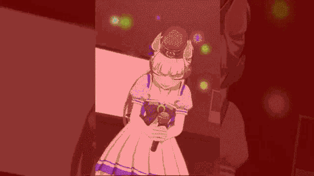 a girl in a white dress is singing into a microphone .