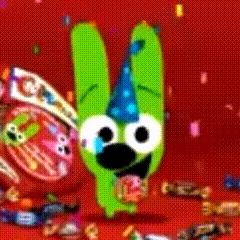 a green cartoon character is wearing a party hat