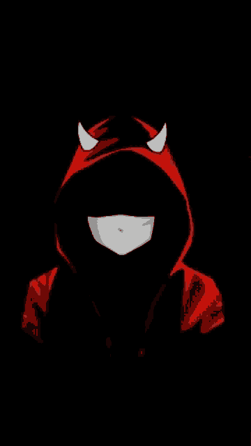 a person wearing a red devil hoodie with horns on their head .