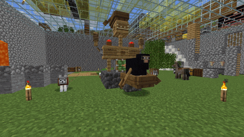 a screenshot of a minecraft game with a sheep and a dog