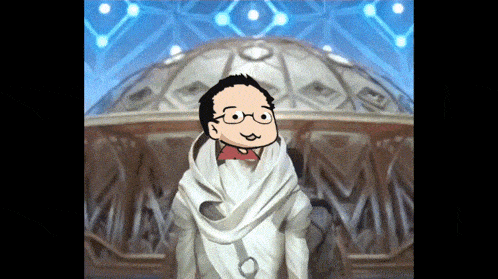 a cartoon drawing of a man wearing glasses and a scarf