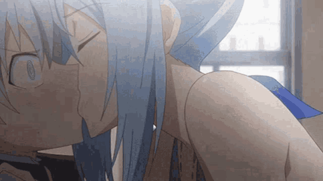 a girl with blue hair is kissing another girl on the neck