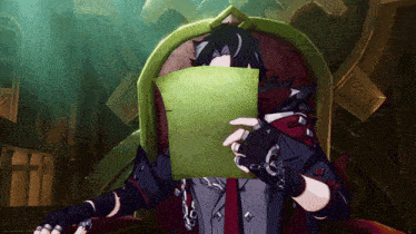 a cartoon character is holding a piece of paper over his face
