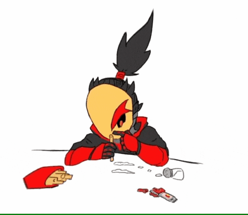 a cartoon character is sitting at a table with french fries