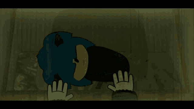 a cartoon drawing of a person holding a blue sonic