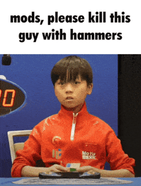 a young boy sitting at a table with the words mods please kill this guy with hammers below him