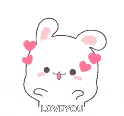 a cartoon rabbit with pink hearts on its ears is saying `` i love you '' .