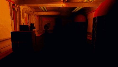 a computer generated image of a dark hallway with a bottle that says ' a ' on it