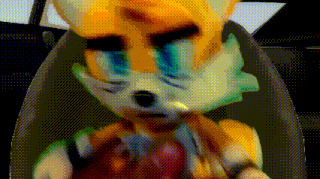 a close up of a cartoon character with blue eyes sitting in a chair .