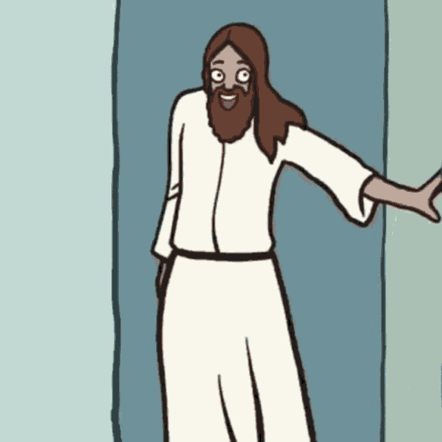 a cartoon of jesus with long hair and a beard standing in front of a door