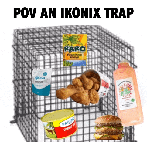 a cage filled with various items including a hamburger and a can of pacific corned beef juice