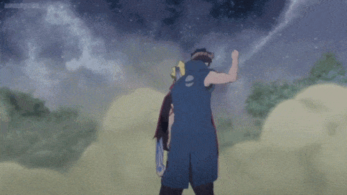 a man is holding another man 's head with a glowing hand .