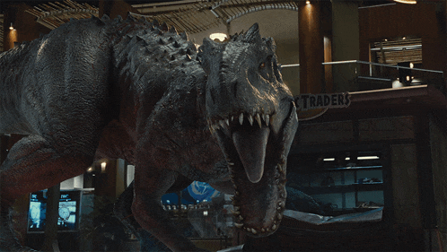 a large dinosaur is standing in front of a building that says traders