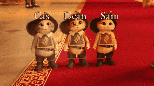 three stuffed animals with the names cas dean and sam on them