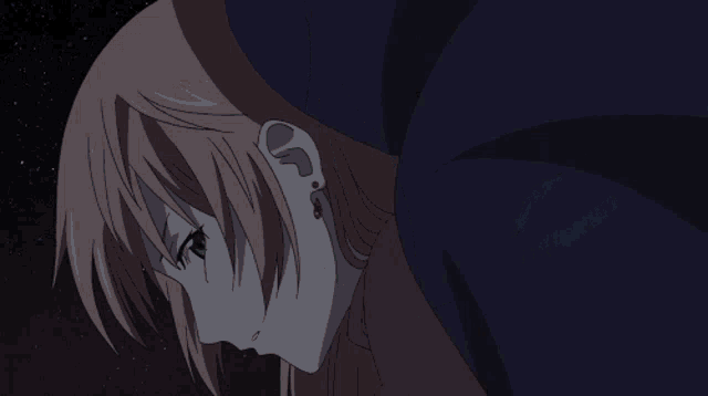 a close up of a girl 's face with a starry sky in the background