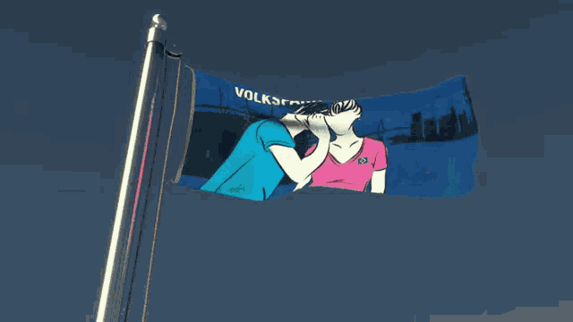 a blue flag with a picture of a man kissing a woman and the words volkspark gefluden