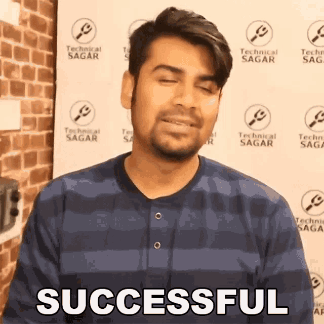 a man in a striped shirt says successful