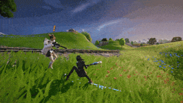 a person is playing a video game in a field with a blue sphere in the middle