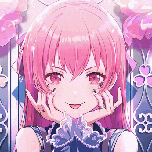 a girl with pink hair is making a face with her hands on her face