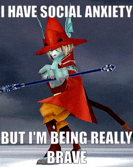 a video game character is holding a spear and says i have social anxiety but i 'm being really