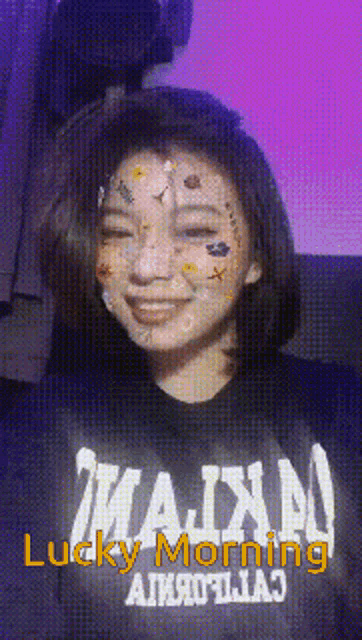 a woman wearing a black shirt that says lucky morning on it