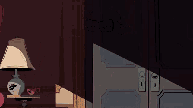 a cartoon duck wearing glasses and an apron is standing in front of a door