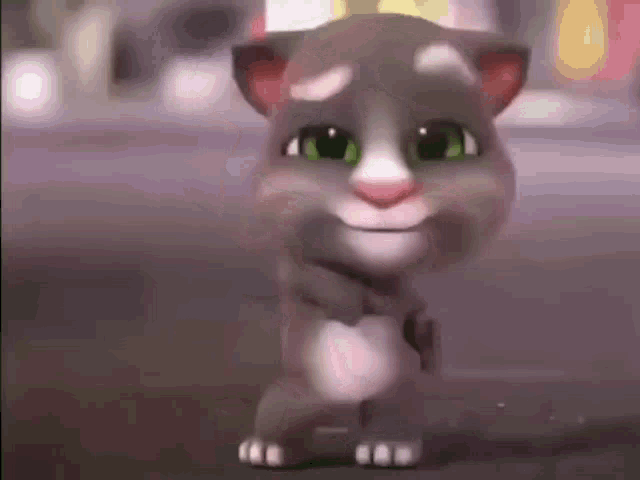 a cartoon cat with green eyes is standing on the street and smiling .