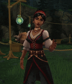 a woman in a red and black dress stands in a field