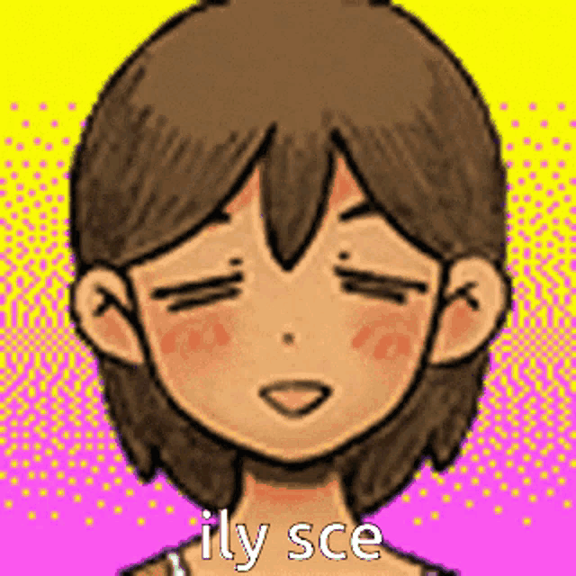 a pixel art of a girl with her eyes closed and the words `` ily sce '' below her .
