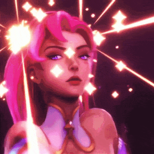 a girl with pink hair and purple eyes is holding a glowing object in her hand .