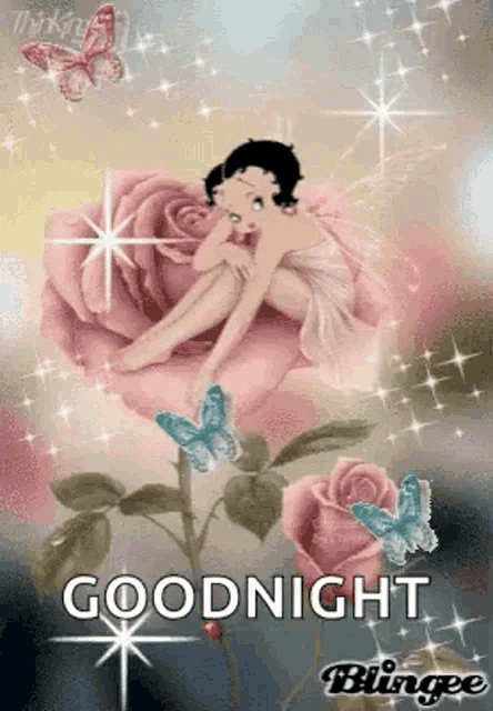 betty boop is sitting on a pink rose surrounded by butterflies and stars .