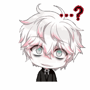 a chibi boy with white hair and green eyes is wearing a black suit and tie .