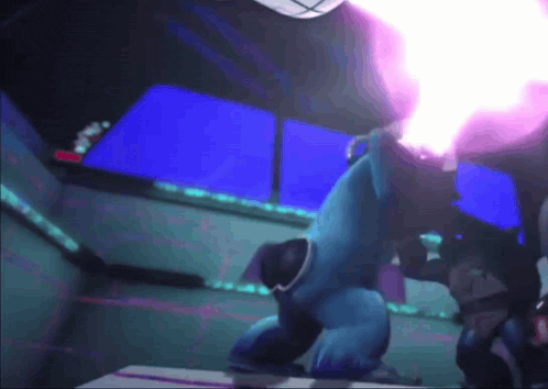 a person in a blue suit is kneeling down with a purple light coming out of their mouth