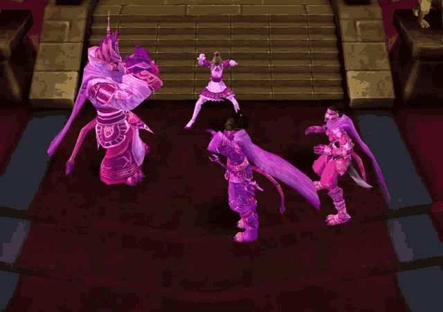 a group of purple characters are standing on a red rug