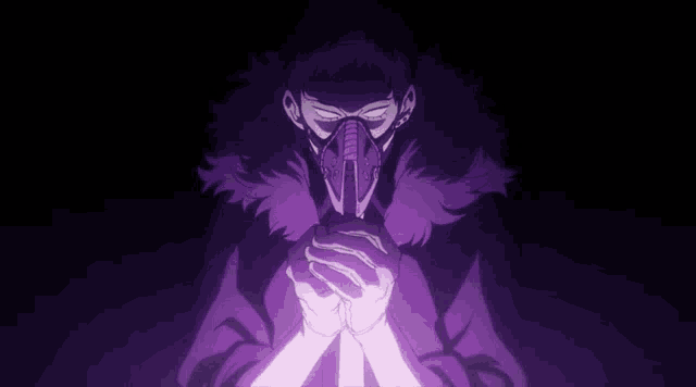 a man wearing a purple mask and gloves is standing in the dark with his hands folded .
